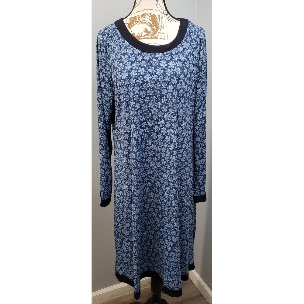 Michael Kors Maxi Dress Womens 1X Navy Blue Floral Stretch Long Sleeve Back Zip